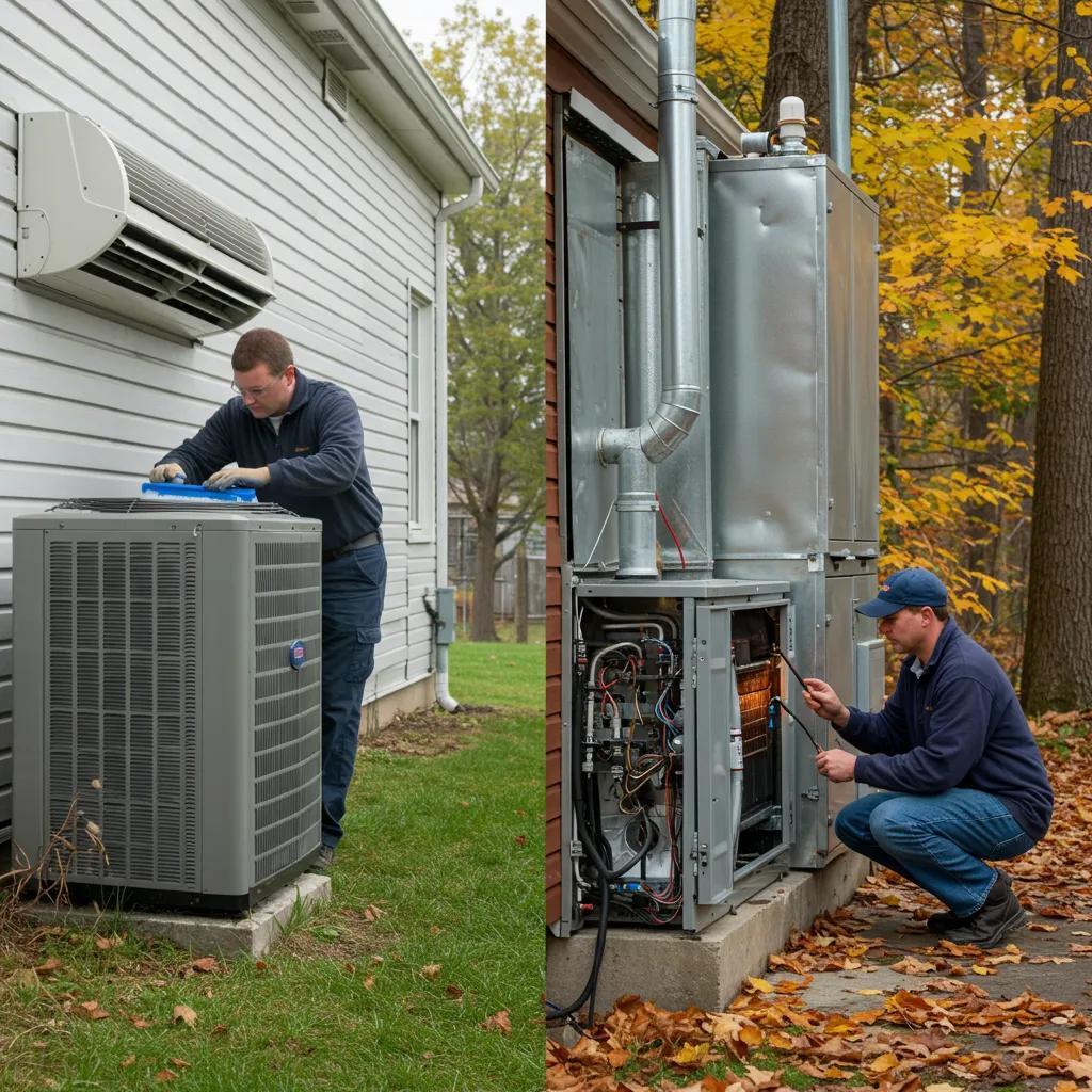 HVAC technician inspecting an outdoor unit during a seasonal change